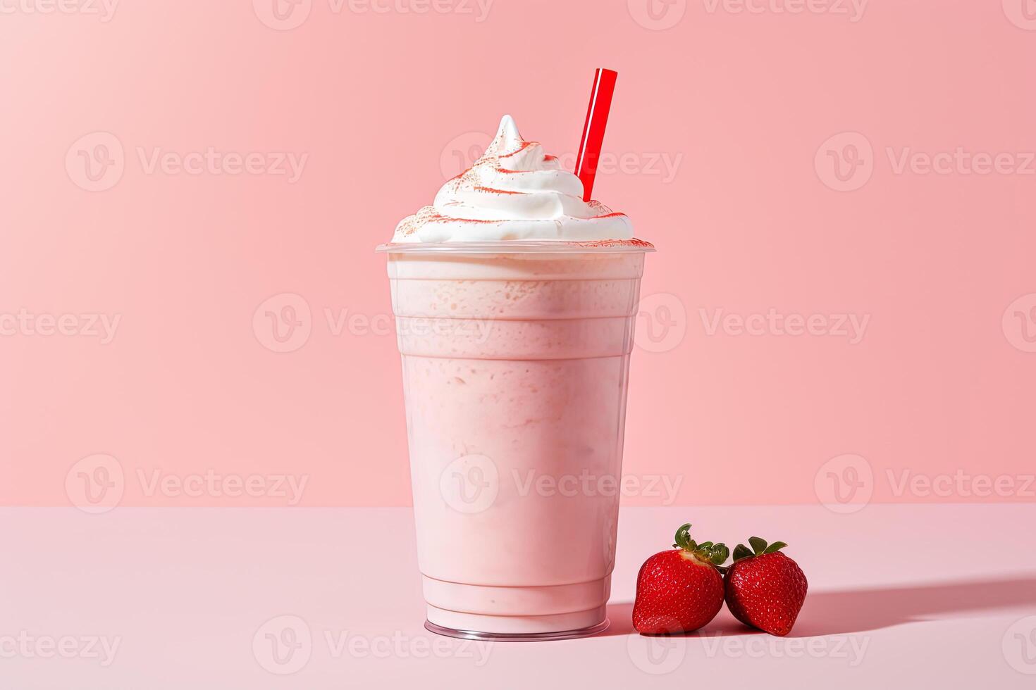 Strawberry milkshake in plastic takeaway cup isolated on pink background. ai generated photo