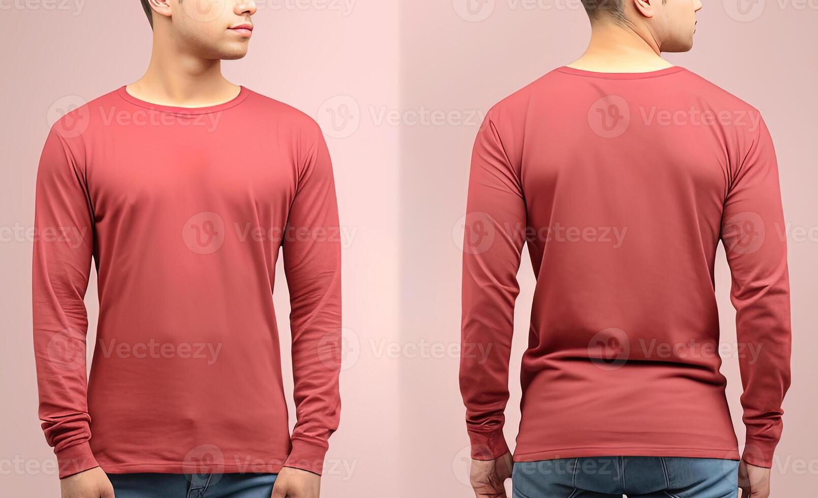 Man wearing a red T-shirt with long sleeves. Front and back view. photo