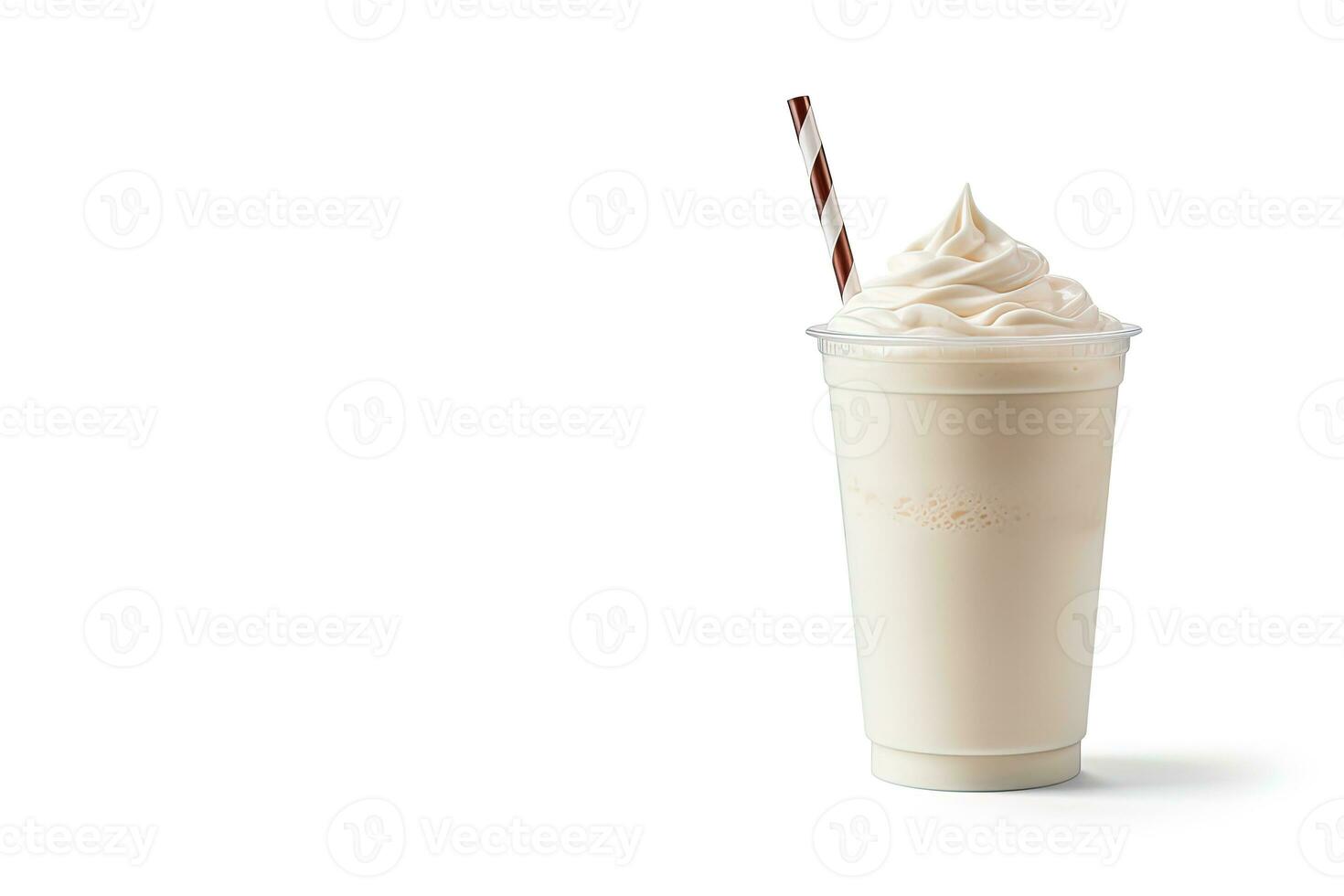 Vanilla milkshake in plastic takeaway cup isolated on white background with copy space. ai generated photo