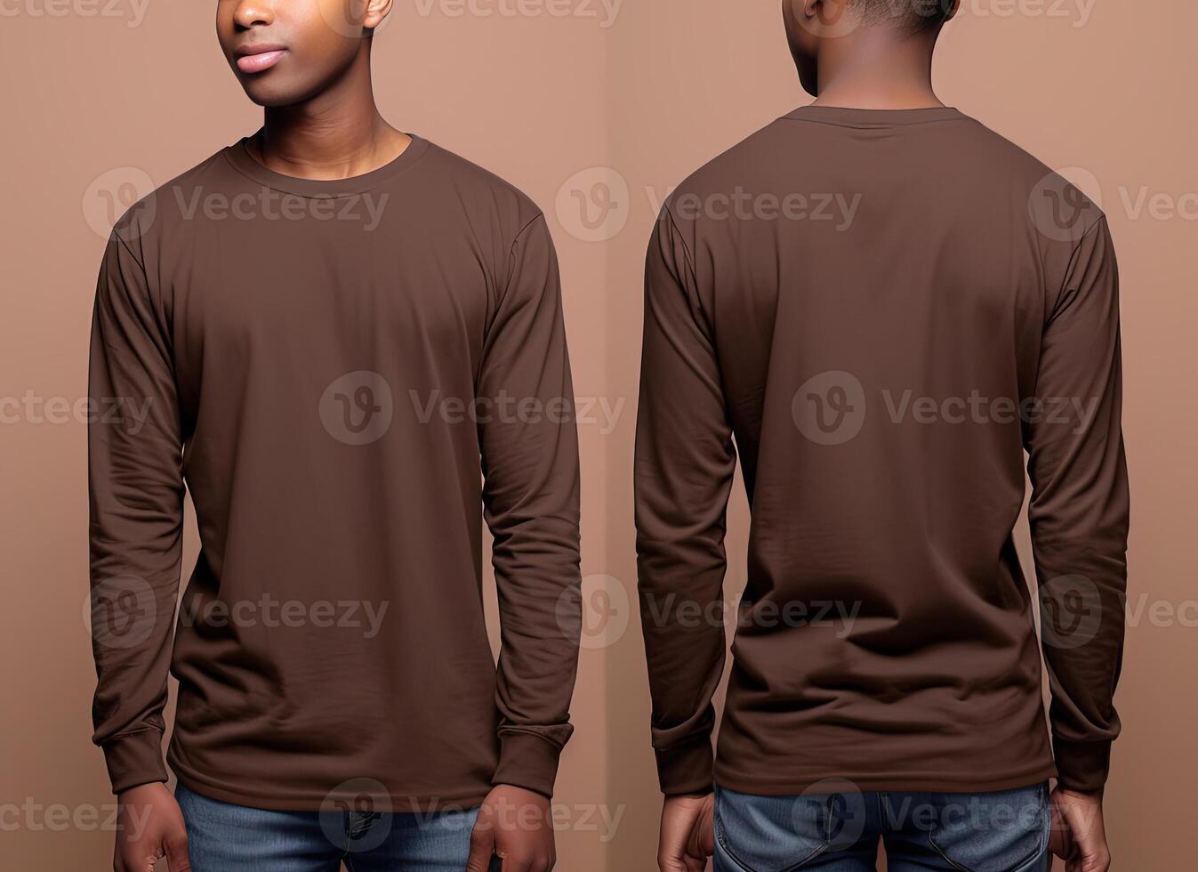Man wearing a brown T-shirt with long sleeves. Front and back view. photo