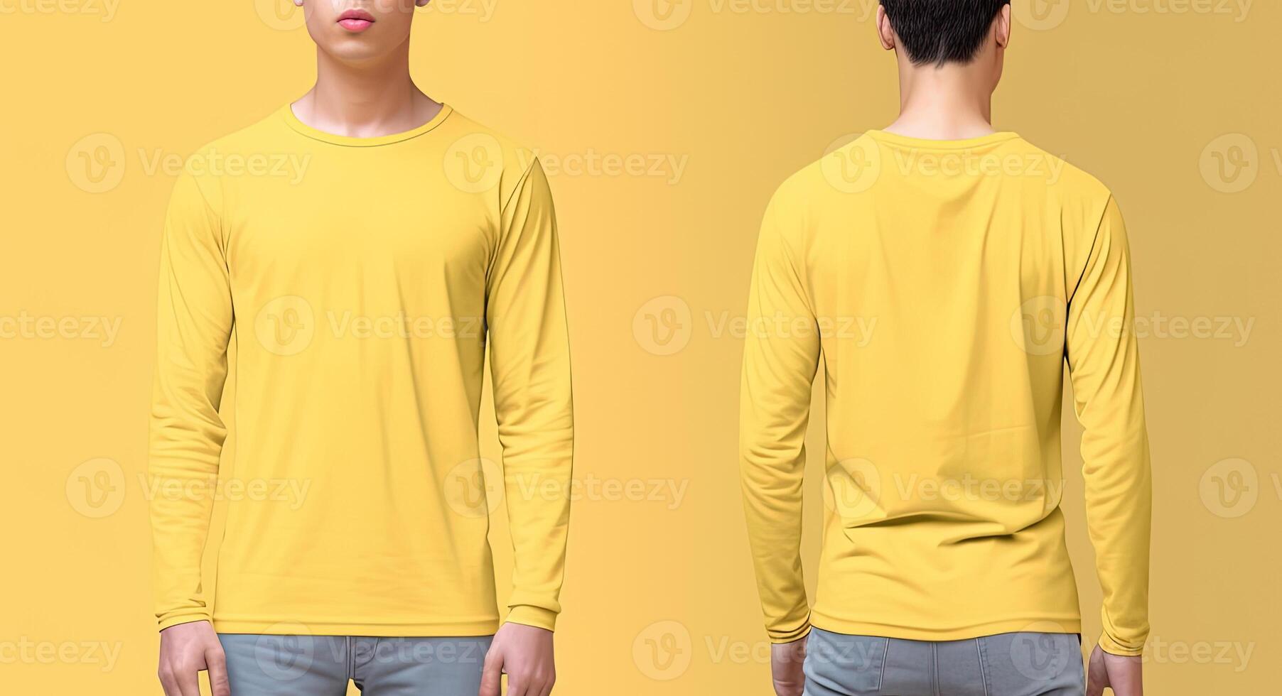 Man wearing a yellow T-shirt with long sleeves. Front and back view. photo