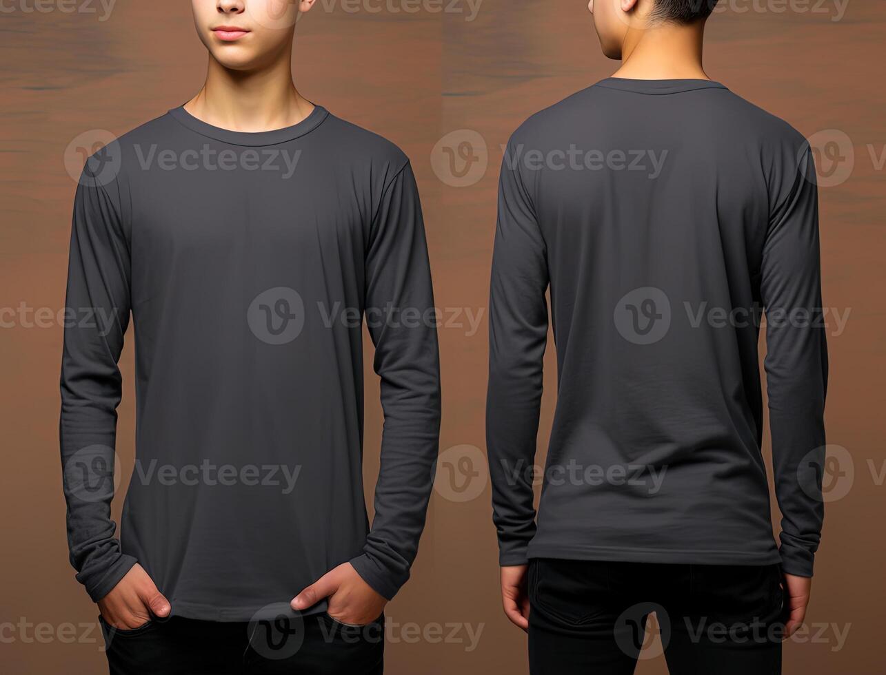 Man wearing a grey T-shirt with long sleeves. Front and back view. photo