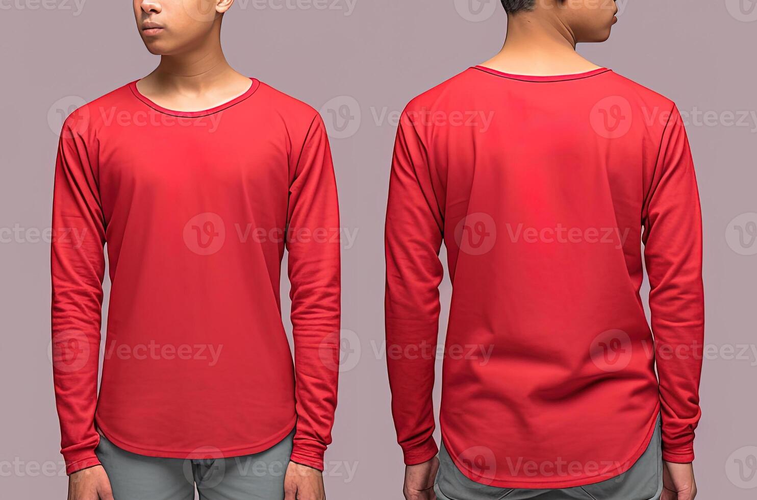 Man wearing a red T-shirt with long sleeves. Front and back view. photo