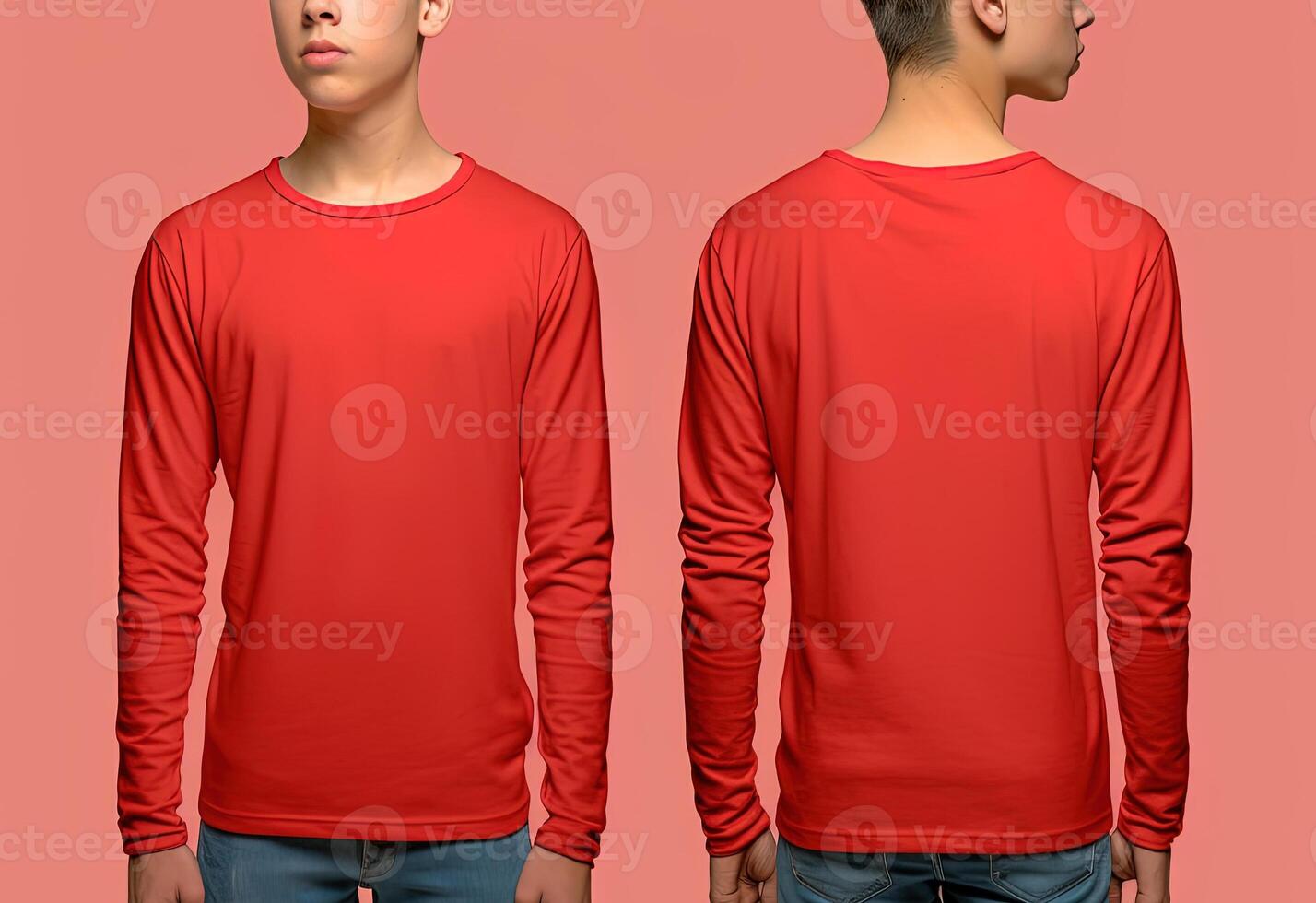 Man wearing a red T-shirt with long sleeves. Front and back view. photo