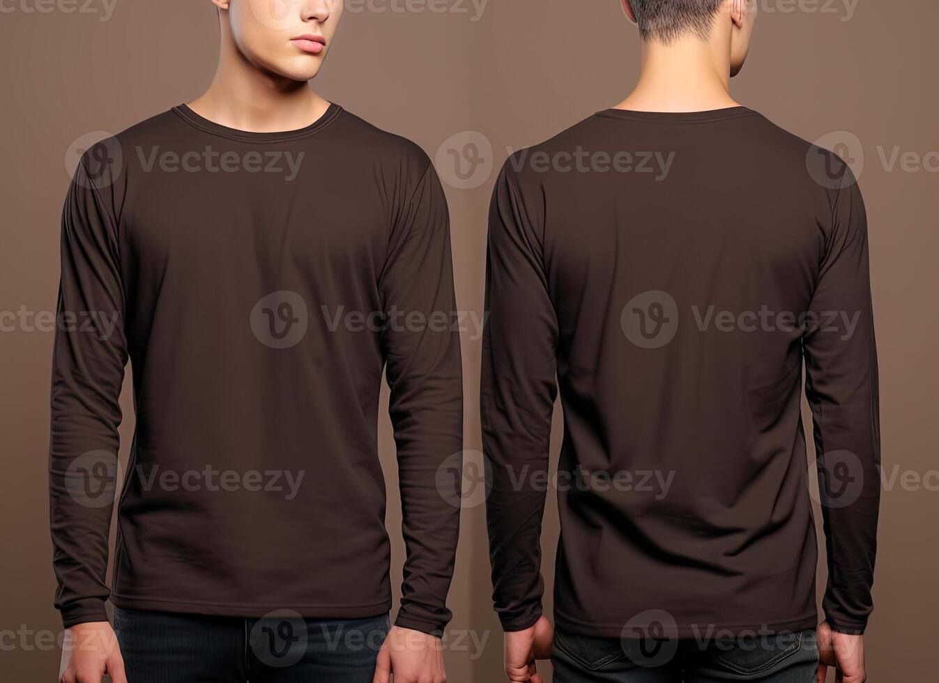 Man wearing a brown T-shirt with long sleeves. Front and back view. photo