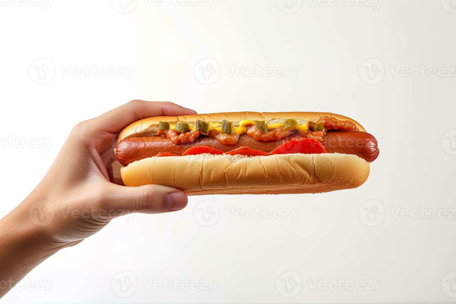 Hand holding tasty hot dog on a white background. ai generated photo