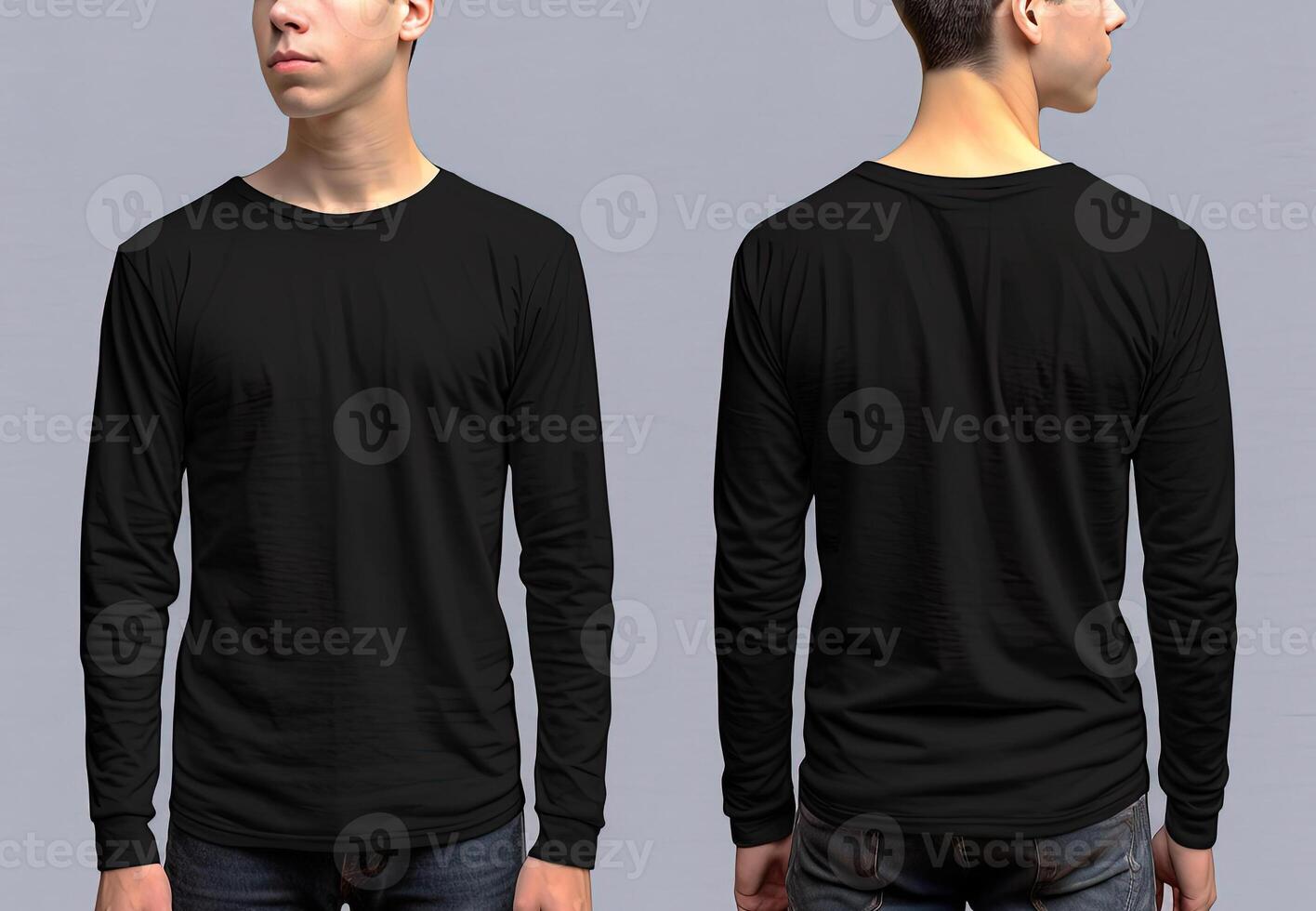 Man wearing a black T-shirt with long sleeves. Front and back view. photo