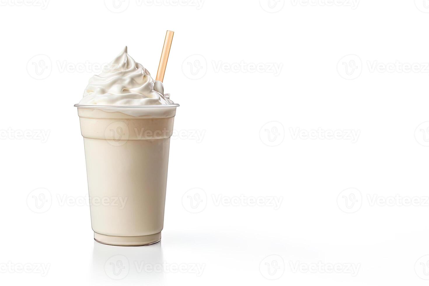 Vanilla milkshake in plastic takeaway cup isolated on white background with copy space. photo