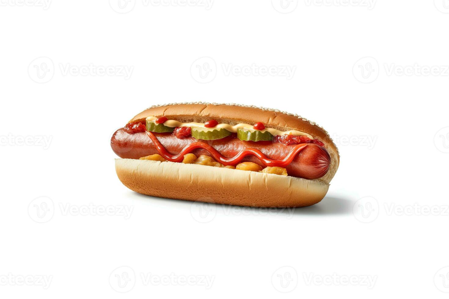 caliente perro con mostaza y salsa de tomate aislado en un blanco antecedentes. ai generado foto