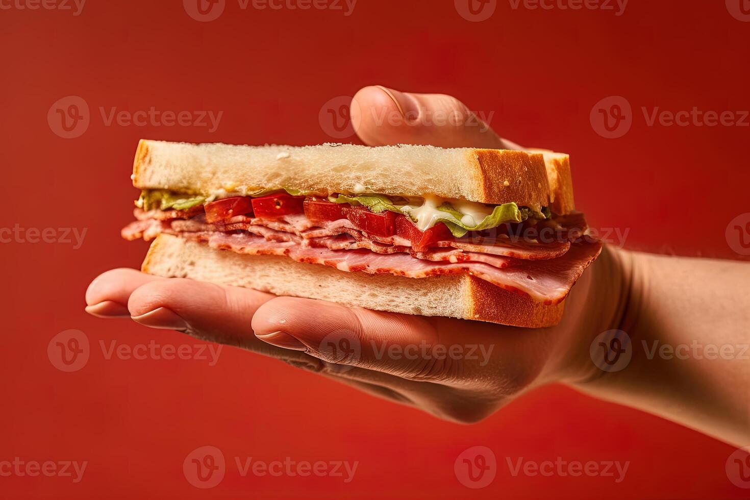 Hand holding tasty sandwich on a red background. ai generated photo