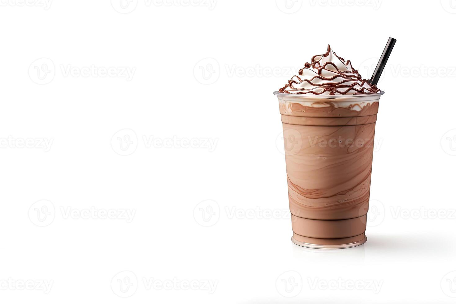 Chocolate milkshake in plastic takeaway cup isolated on white background with copy space. photo