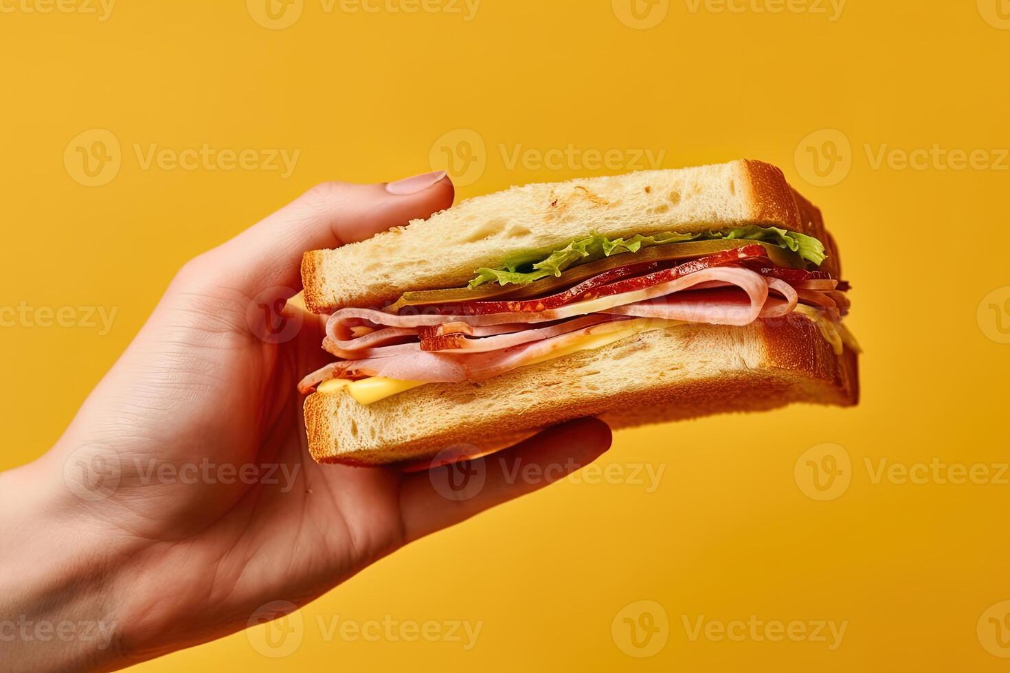 Hand holding tasty sandwich on a yellow background. photo