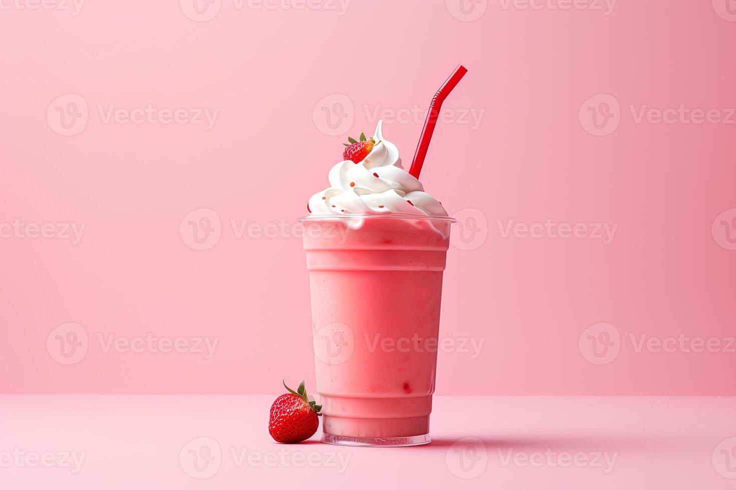 Strawberry milkshake in plastic takeaway cup isolated on pink background. photo