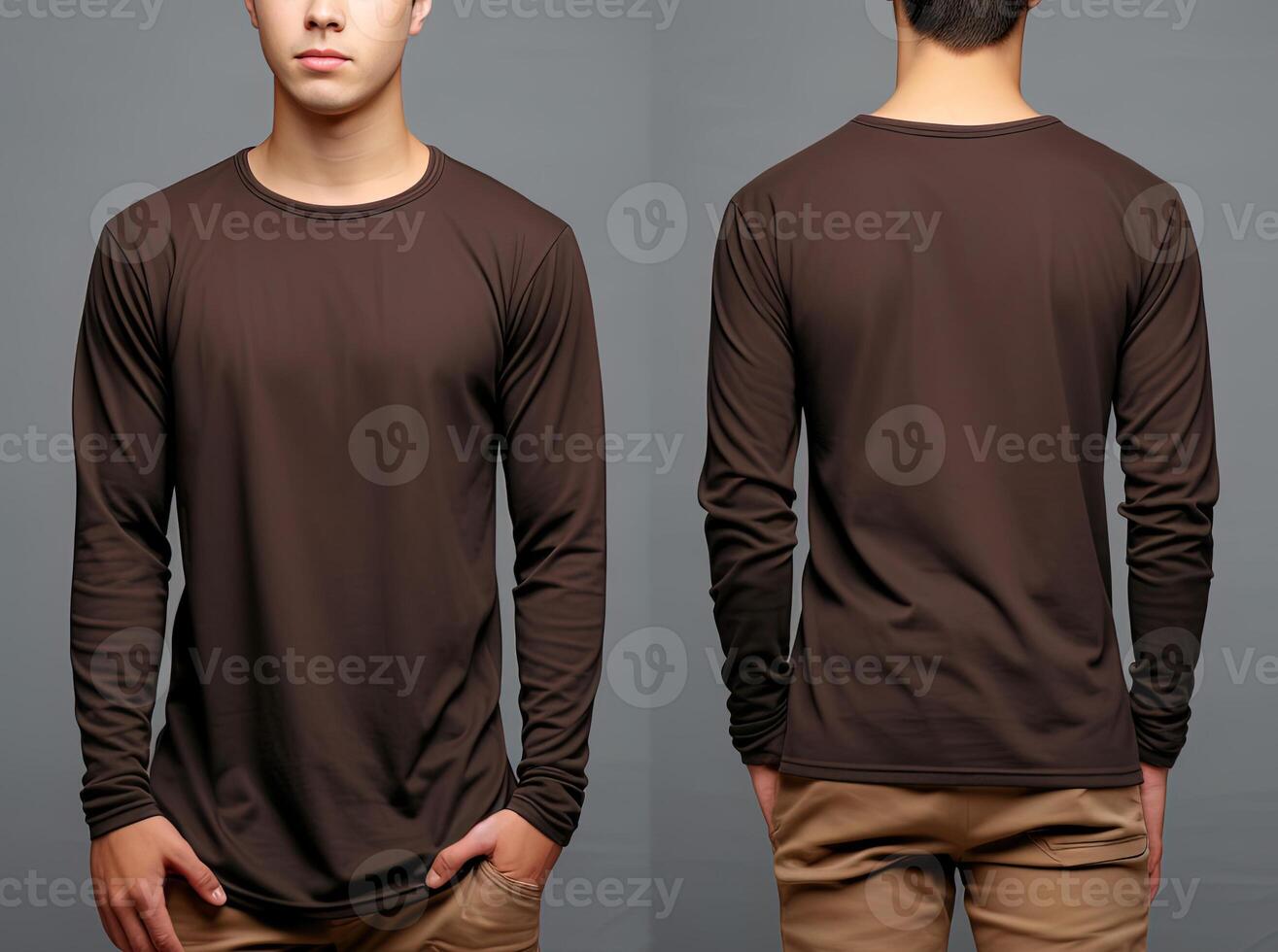 Man wearing a brown T-shirt with long sleeves. Front and back view. photo