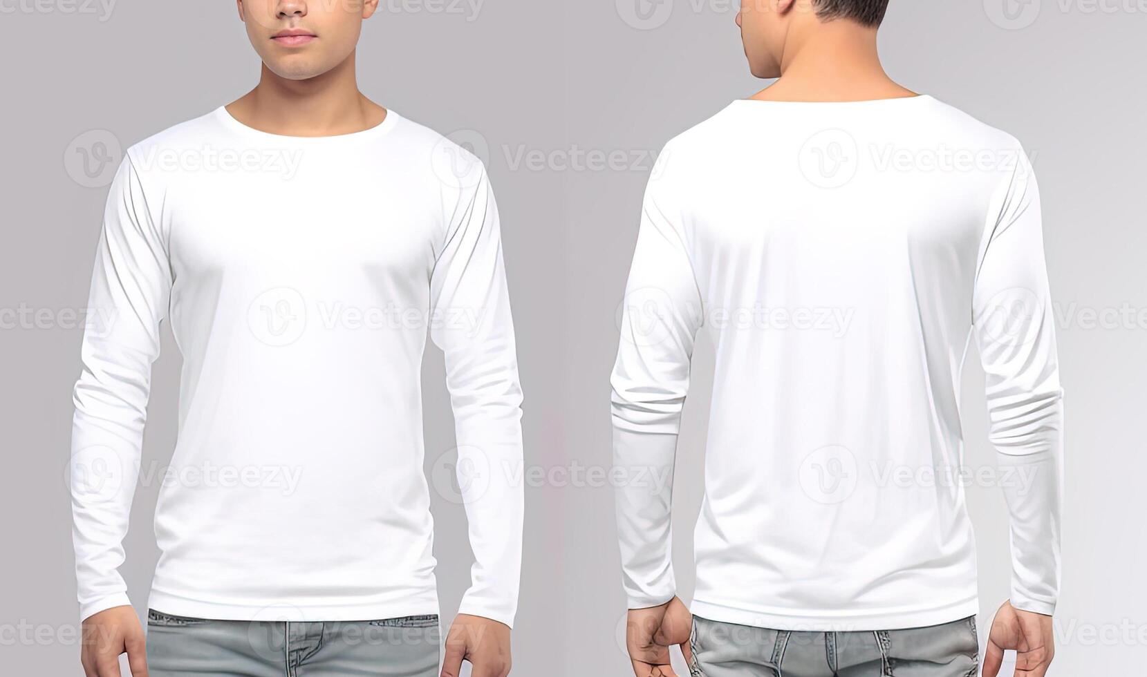 Man wearing a white T-shirt with long sleeves. Front and back view. photo