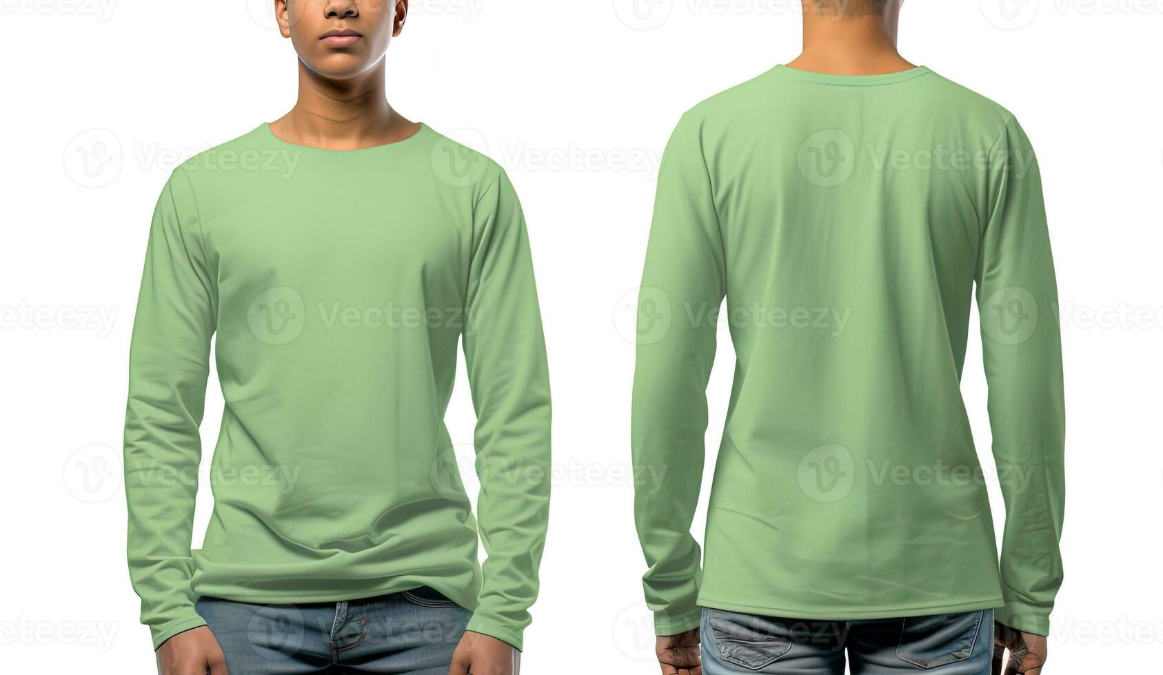 hombre vistiendo un verde camiseta con largo mangas frente y espalda vista. ai generado foto