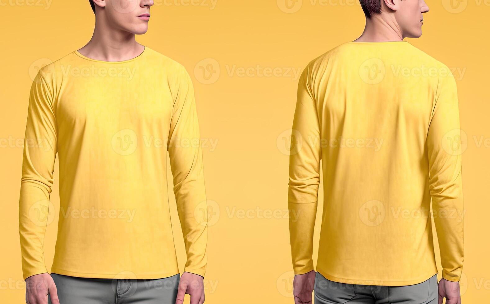 Man wearing a yellow T-shirt with long sleeves. Front and back view. photo