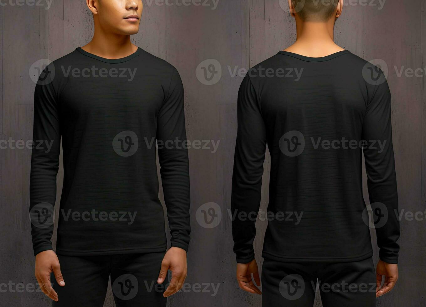 hombre vistiendo un negro camiseta con largo mangas frente y espalda vista. ai generado foto