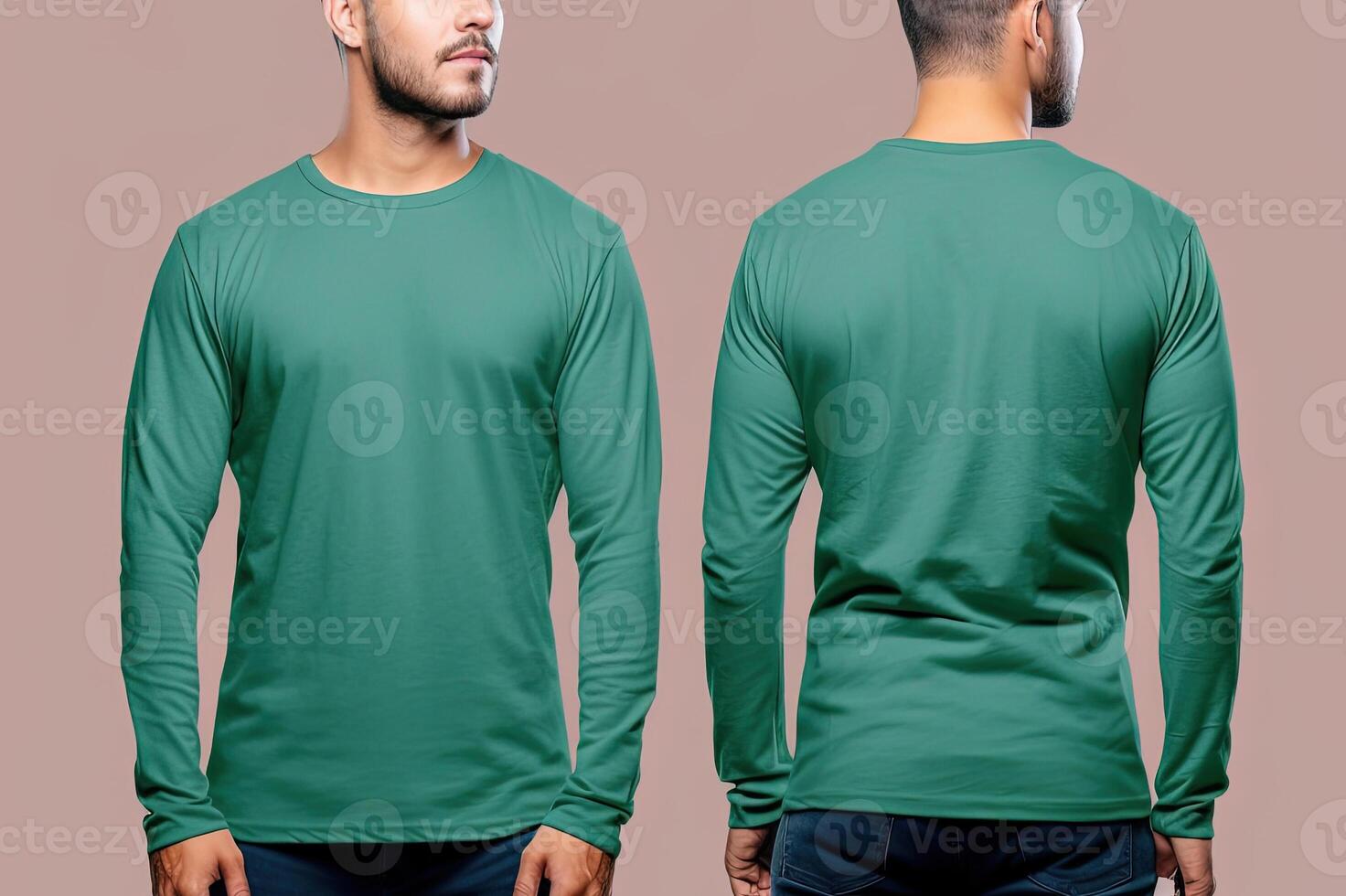 Man wearing a green T-shirt with long sleeves. Front and back view. photo
