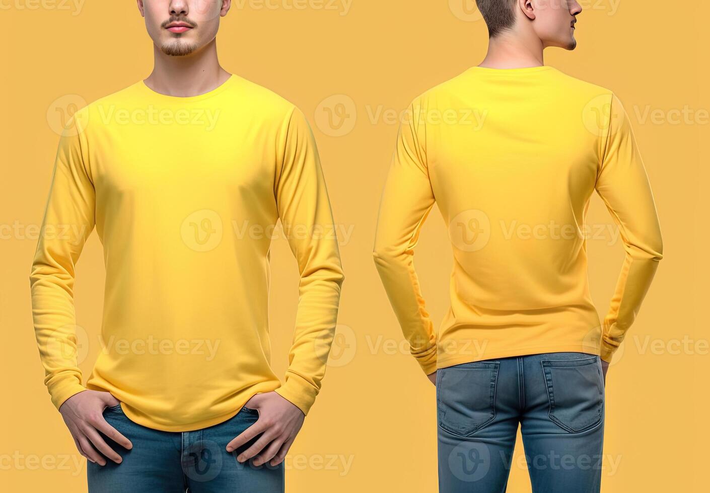 Man wearing a yellow T-shirt with long sleeves. Front and back view. photo