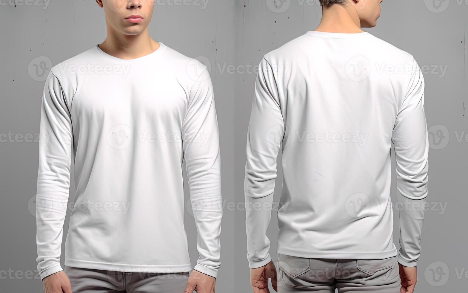 Man wearing a white T-shirt with long sleeves. Front and back view. photo