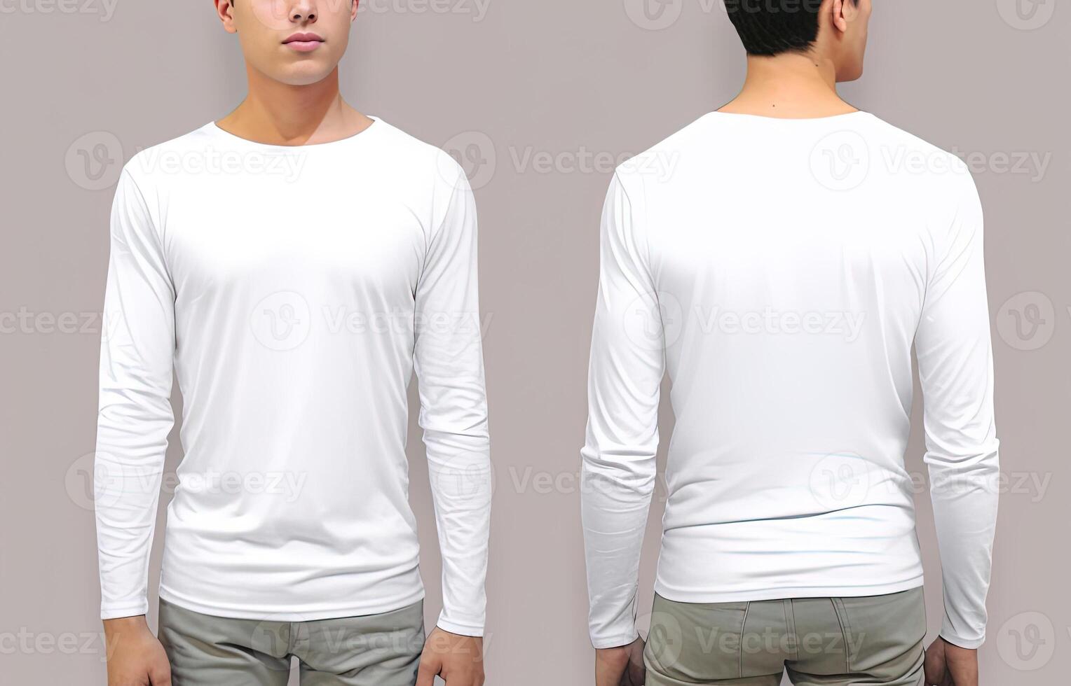 Man wearing a white T-shirt with long sleeves. Front and back view. photo