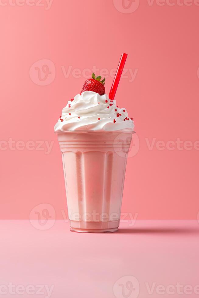 Strawberry milkshake in plastic takeaway cup isolated on pink background. photo