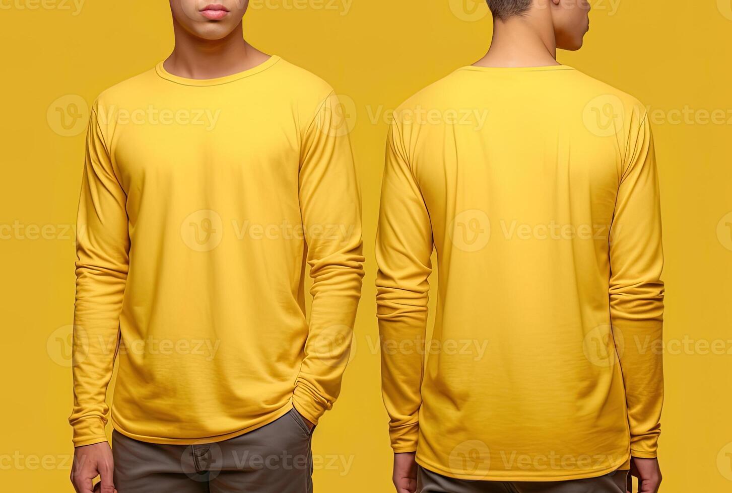 Man wearing a yellow T-shirt with long sleeves. Front and back view. photo