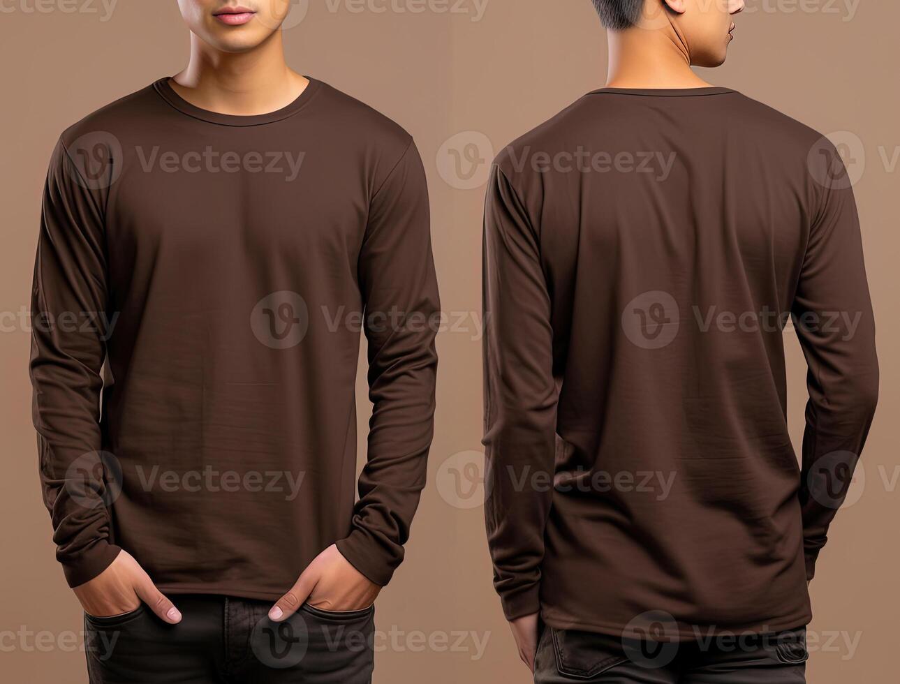 Man wearing a brown T-shirt with long sleeves. Front and back view. photo