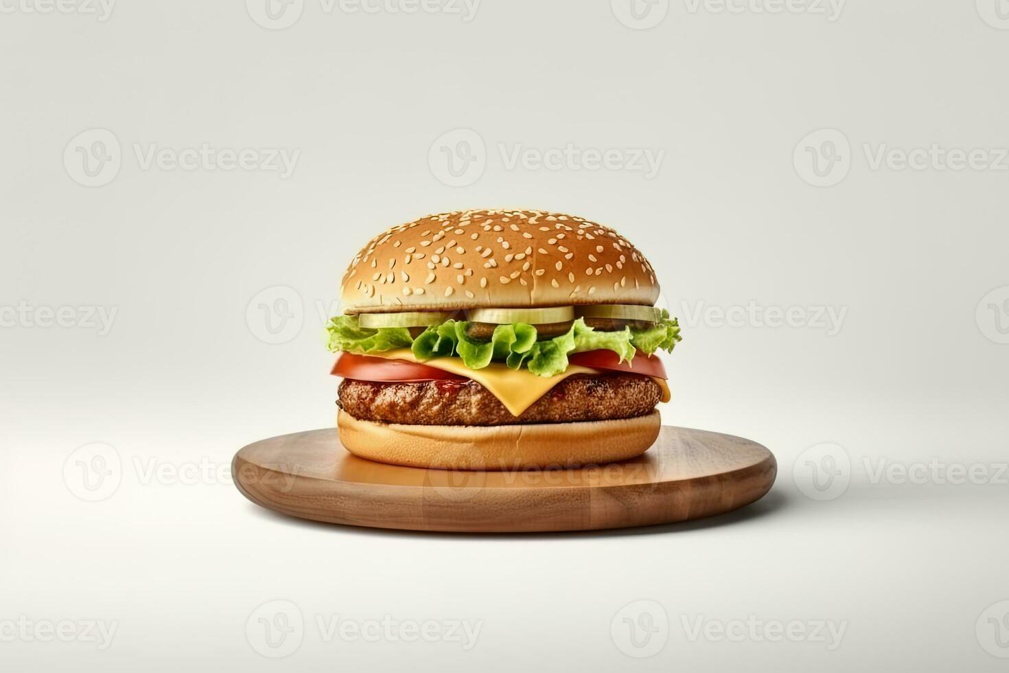 Fresh tasty cheeseburger on wooden board. ai generated photo