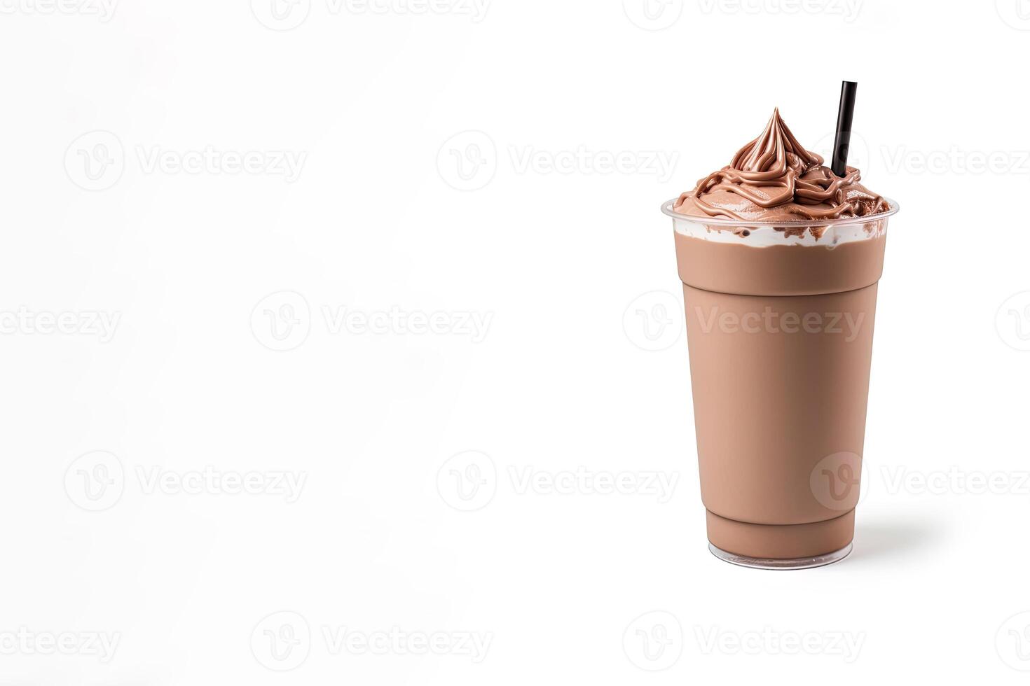 Chocolate milkshake in plastic takeaway cup isolated on white background with copy space. photo