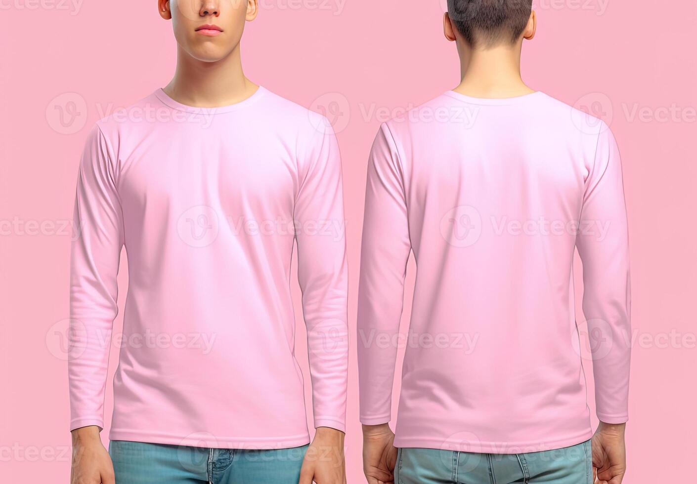 Man wearing a pink T-shirt with long sleeves. Front and back view. ai generated photo