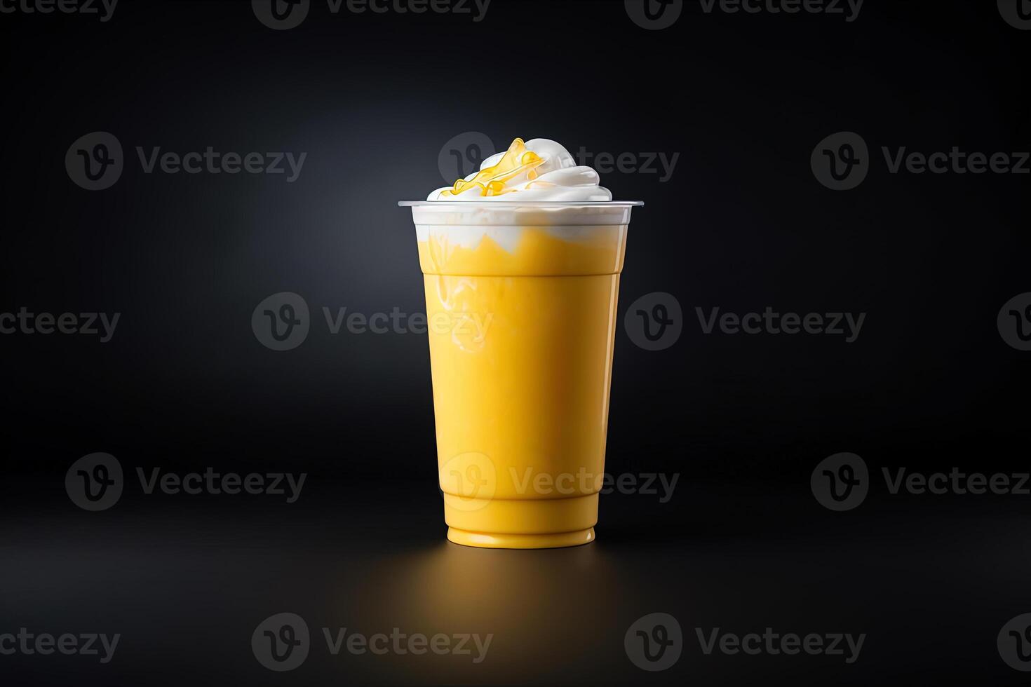 Mango smoothie milkshake in plastic takeaway cup isolated on dark background. ai generated photo