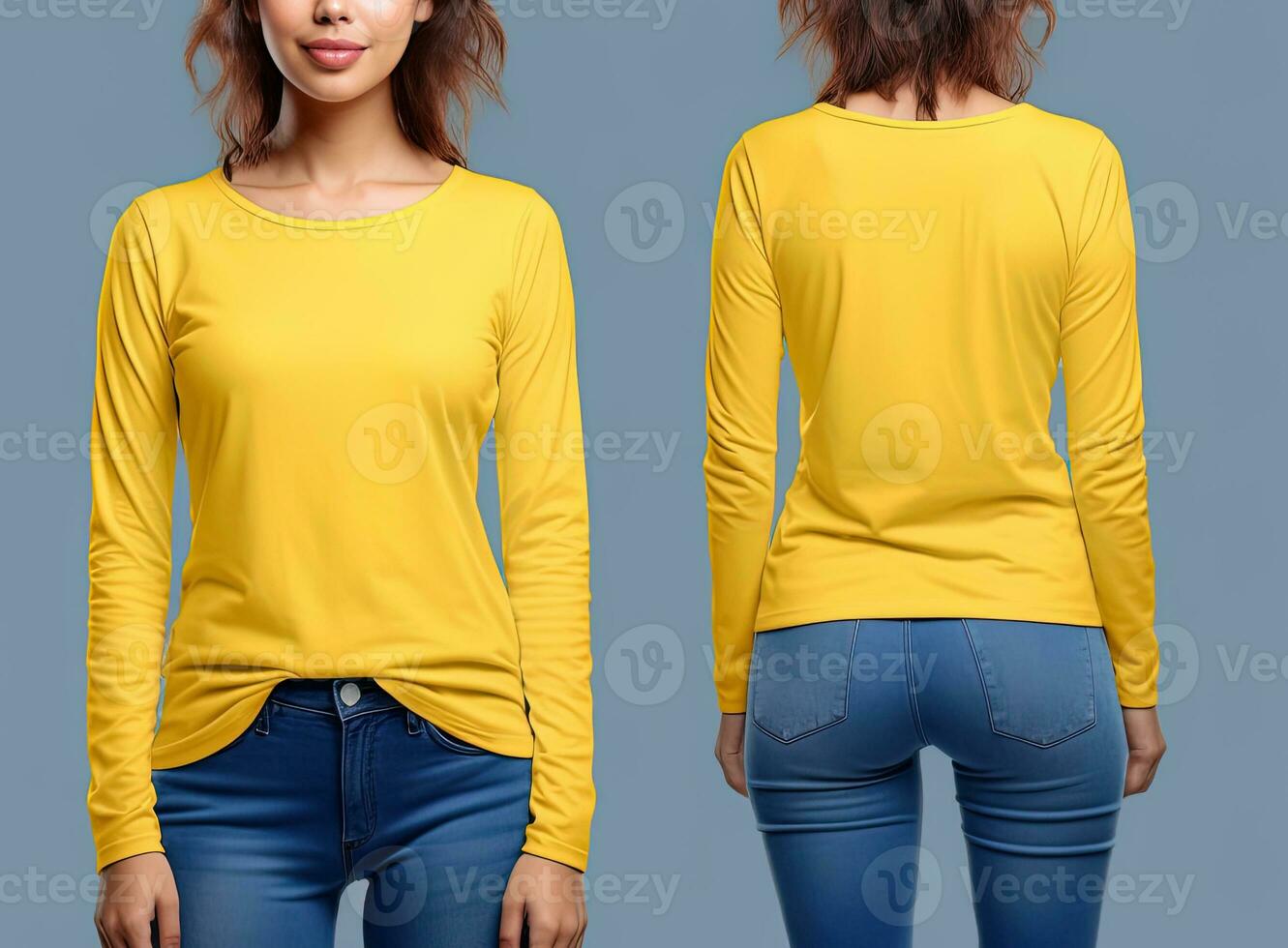 mujer vistiendo un amarillo camiseta con largo mangas frente y espalda  vista. ai generado 26282468 Foto de stock en Vecteezy