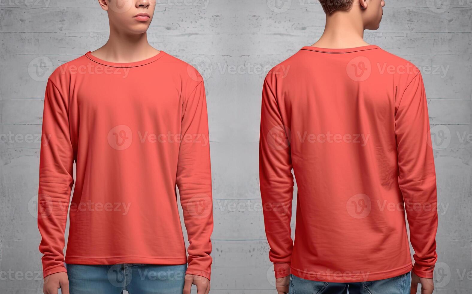 Man wearing a red T-shirt with long sleeves. Front and back view. photo