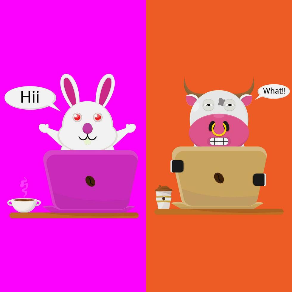 vector illustration of a rabbit and a cow playing on a laptop