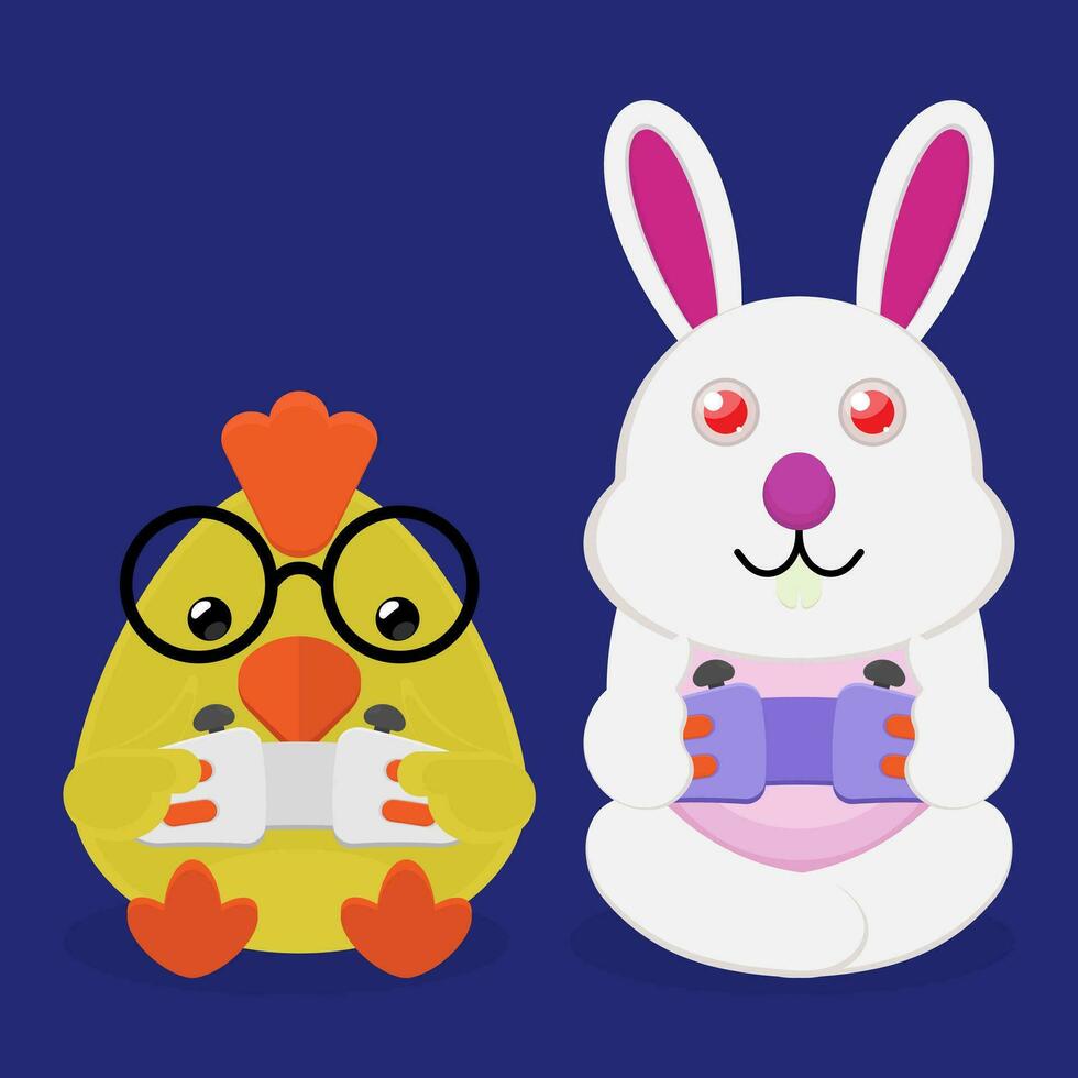 vector illustration of a bunny and chicks playing a game.