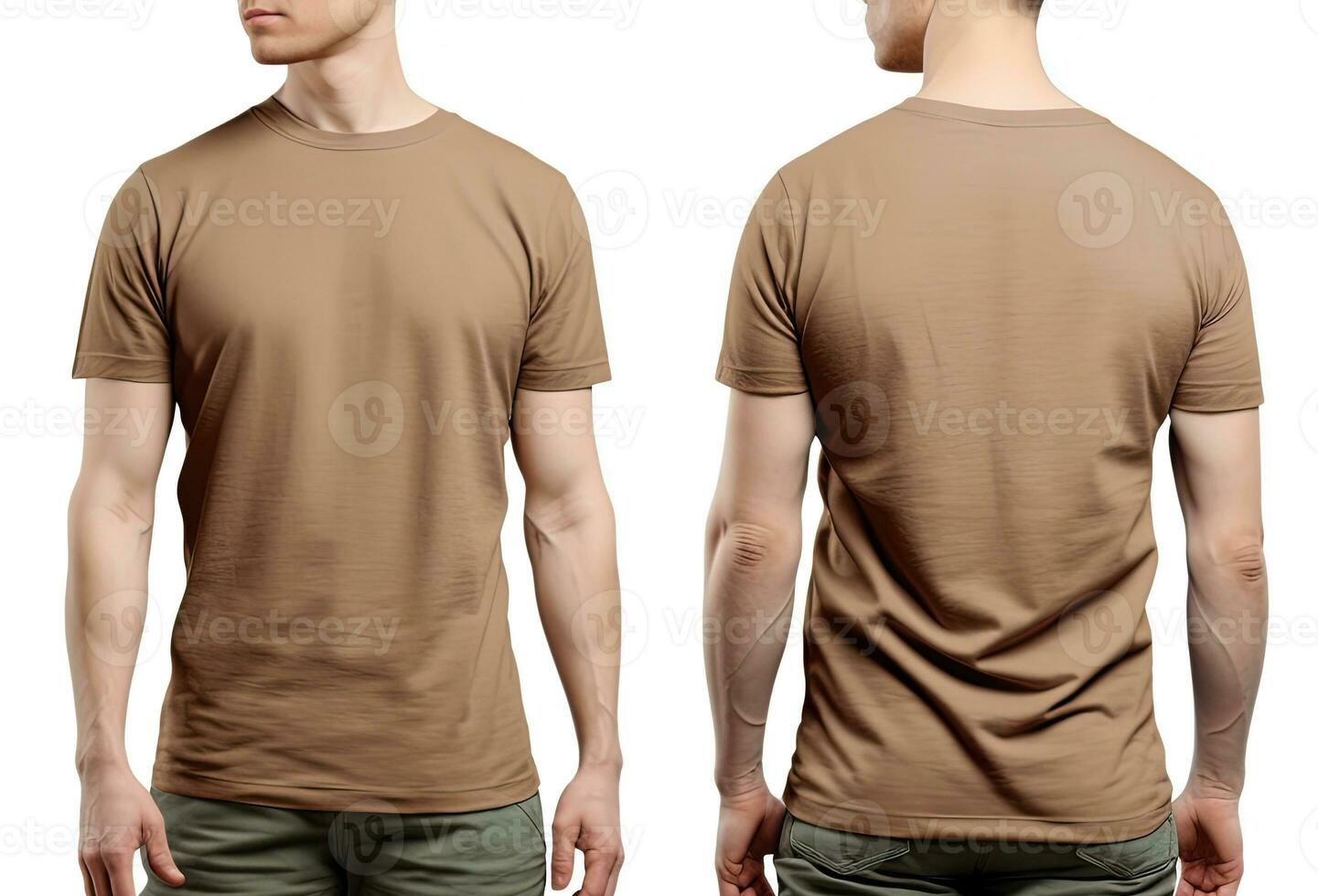 foto realista masculino beige camisetas con Copiar espacio, frente, y espalda vista. ai generado