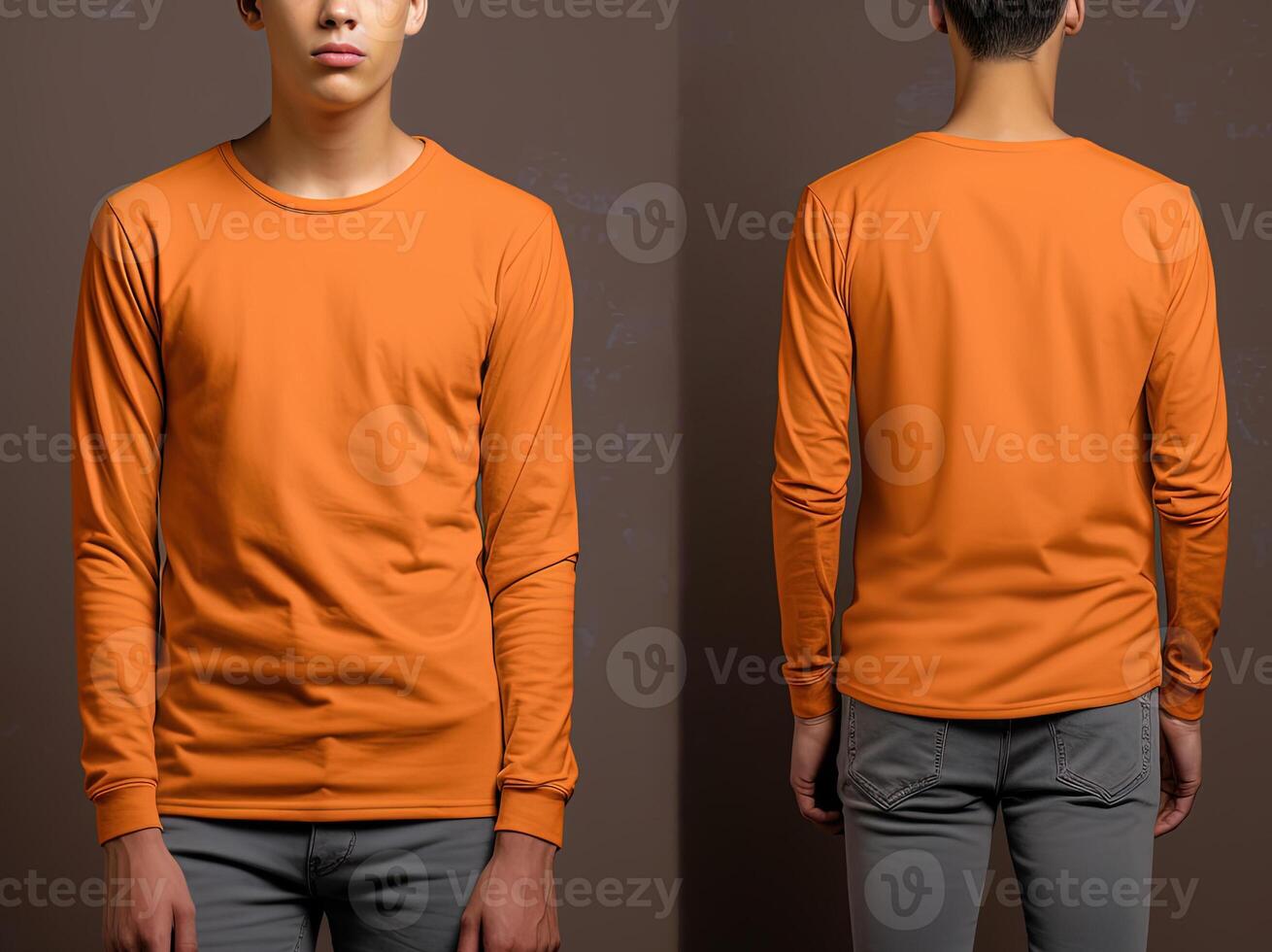 Man wearing a orange T-shirt with long sleeves. Front and back view. photo