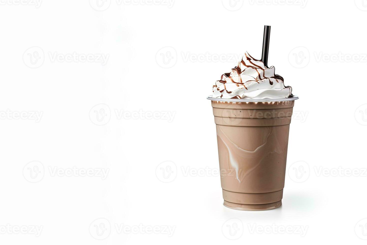 Chocolate milkshake in plastic takeaway cup isolated on white background with copy space. ai generated photo