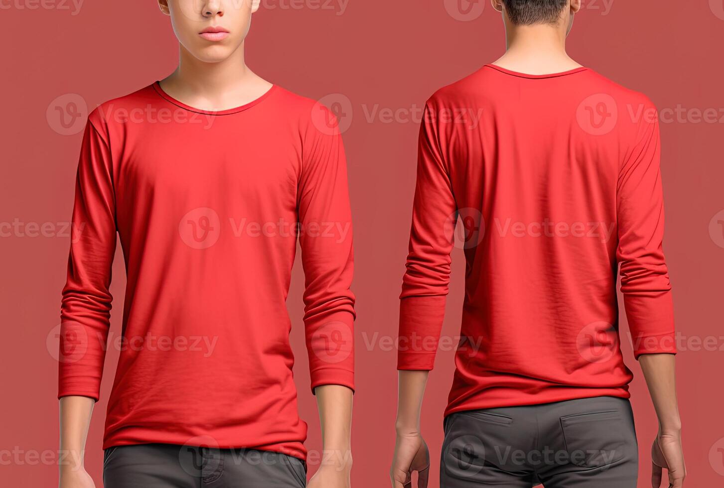 Man wearing a red T-shirt with long sleeves. Front and back view. photo