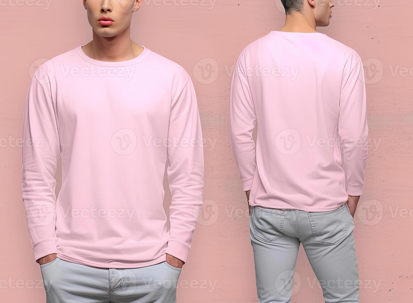 Man wearing a pink T-shirt with long sleeves. Front and back view. photo