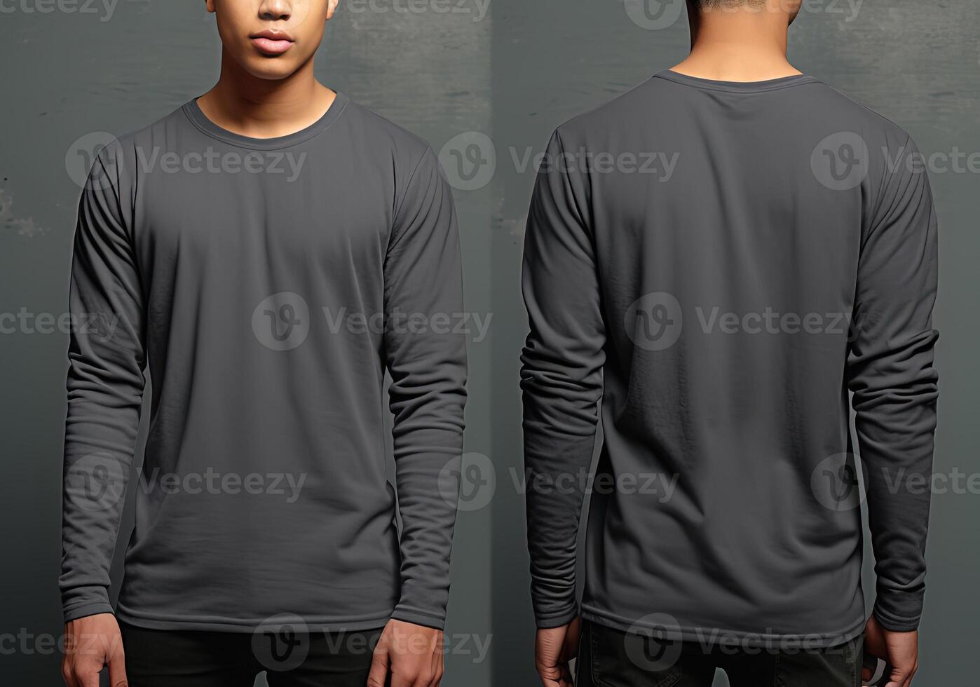 Man wearing a grey T-shirt with long sleeves. Front and back view. photo