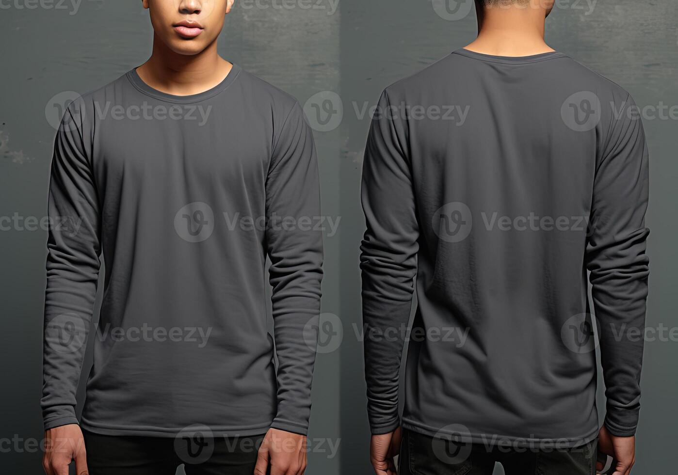 Man wearing a grey T-shirt with long sleeves. Front and back view. ai generated photo