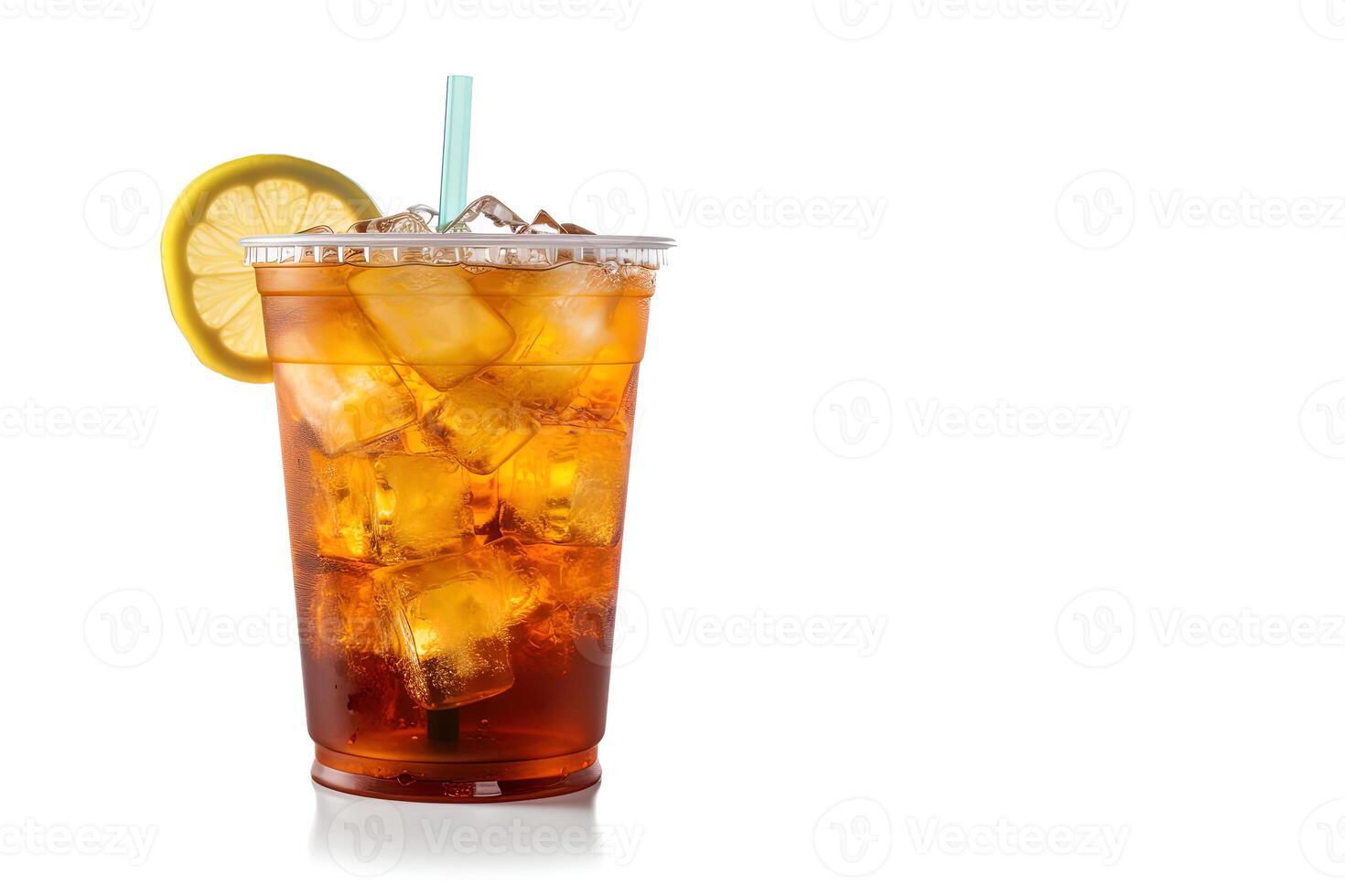 Iced lemon tea on plastic take-away glass isolated on white background with copy space. photo