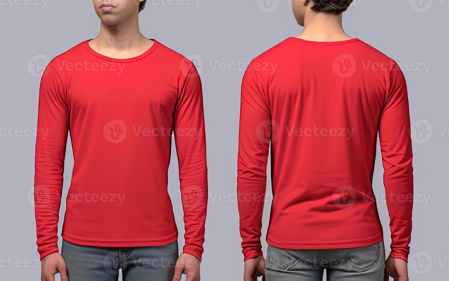 Man wearing a red T-shirt with long sleeves. Front and back view. photo