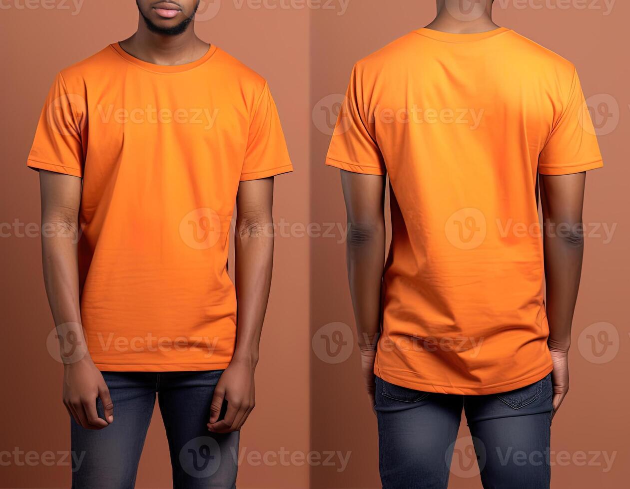 Photo realistic male orange t-shirts with copy space, front, and back view.