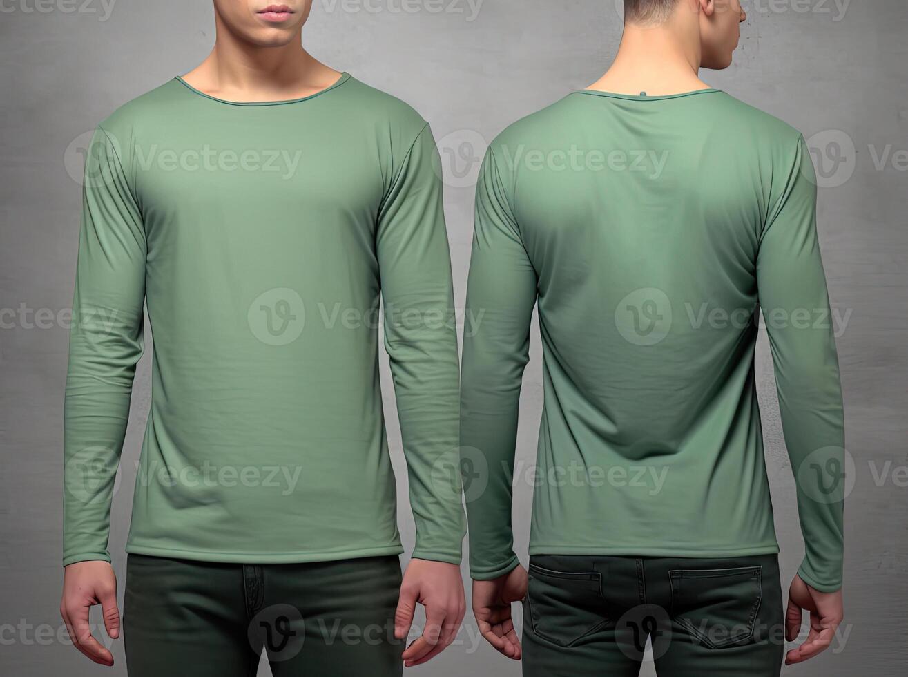 Man wearing a green T-shirt with long sleeves. Front and back view. photo