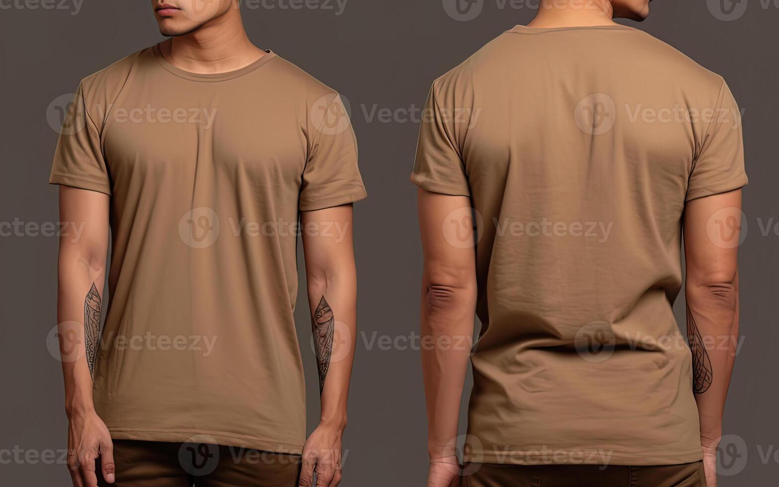 foto realista masculino beige camisetas con Copiar espacio, frente, y espalda vista. ai generado