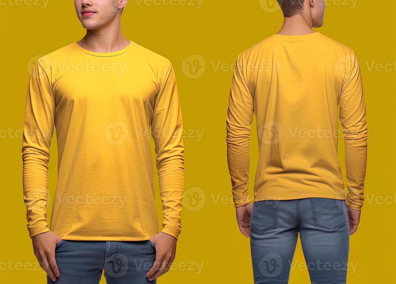 Man wearing a yellow T-shirt with long sleeves. Front and back view. photo